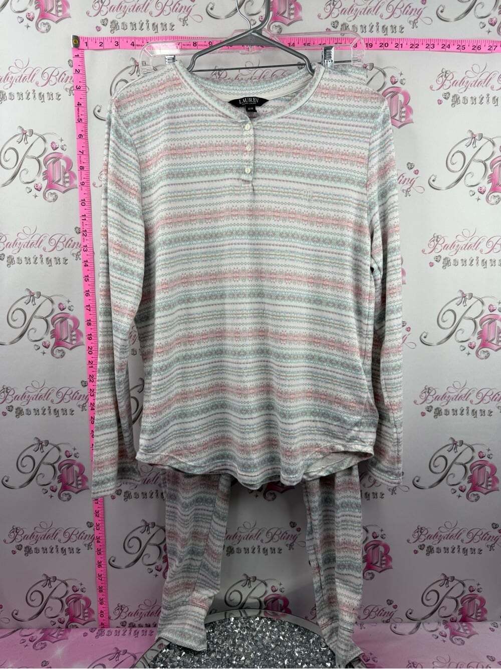 Lauren Ralph Lauren pj set Pastel Striped Henley top pants in Pink, Gray & White